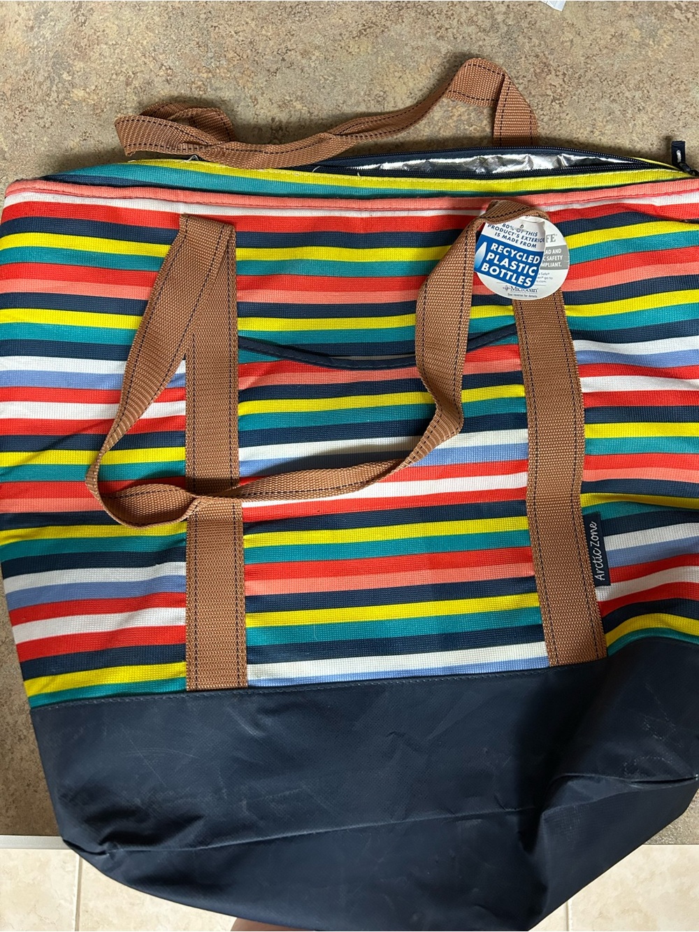 Multicolor Striped Insulated Tote Bag with Brown Handles